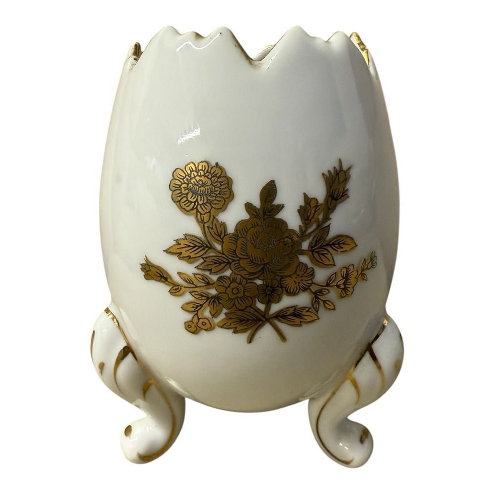 Vintage Napcoware Footed Egg Shape Vase. Gold & Black Flowers. Gold Trim 6" T